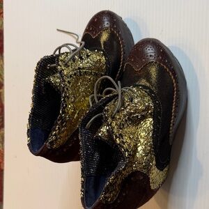Irregular Choice Gold and Brown Wingtip Lace-Up Booties